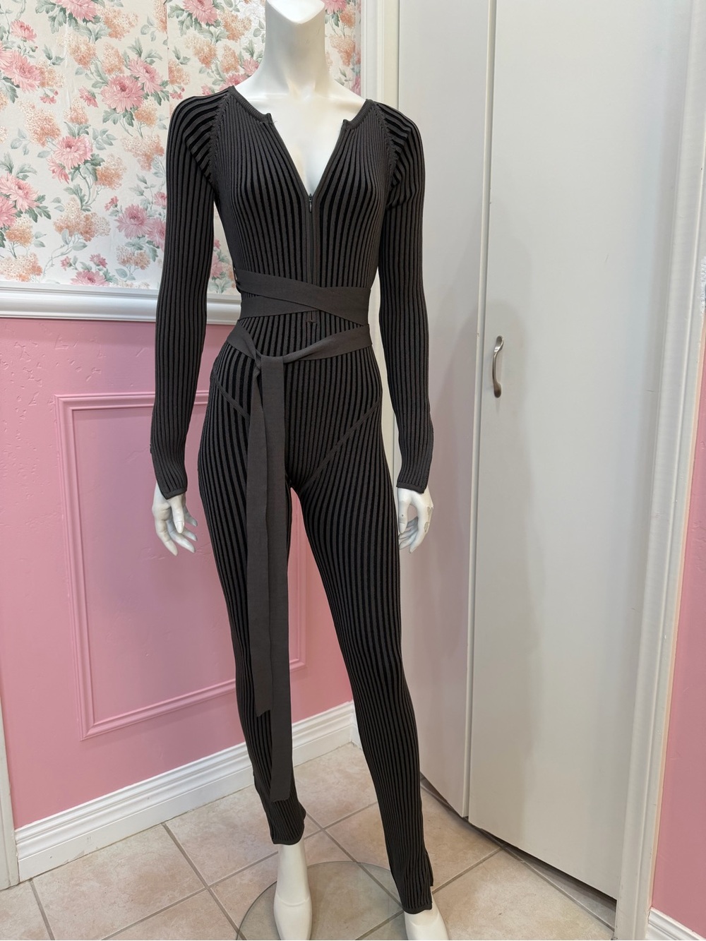 Maniere De Voir Black Ribbed Long-Sleeve Wrap Jumpsuit